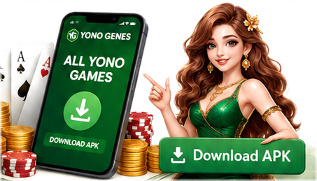 Adult cartoon guide holding a Yono Games Download APK button beside a phone, cards and coins